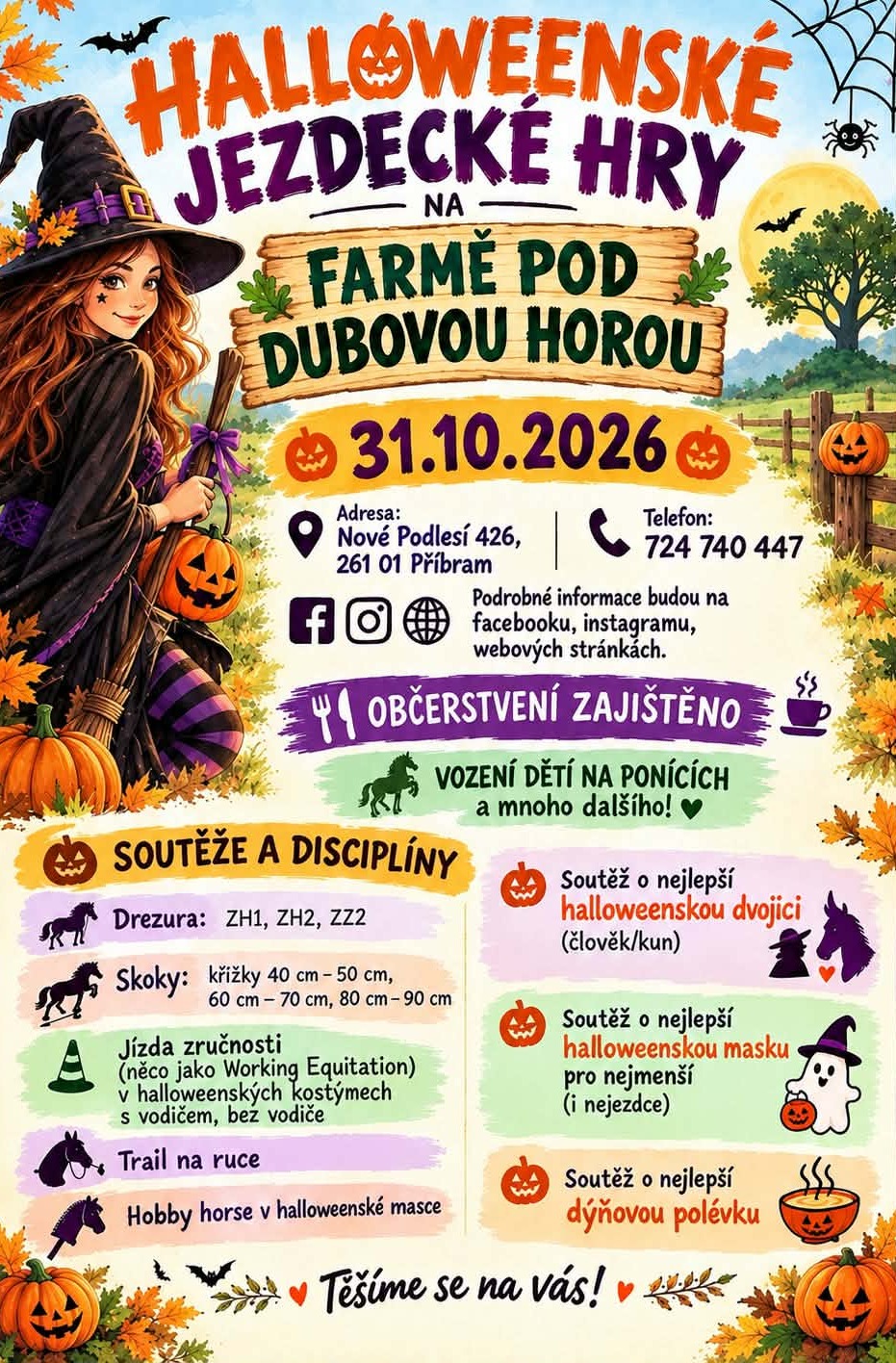 Plakát Halloweenské jezdecké hry na Farmě pod Dubovou horou 31. 10. 2026